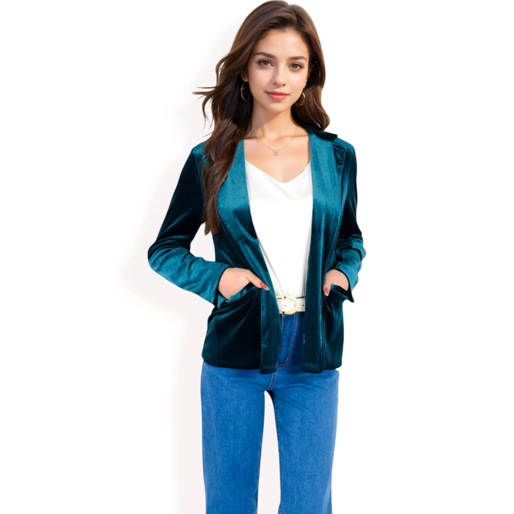 Anna-Kaci Women's Velvet Blazer With Notch Collar And Front Pockets