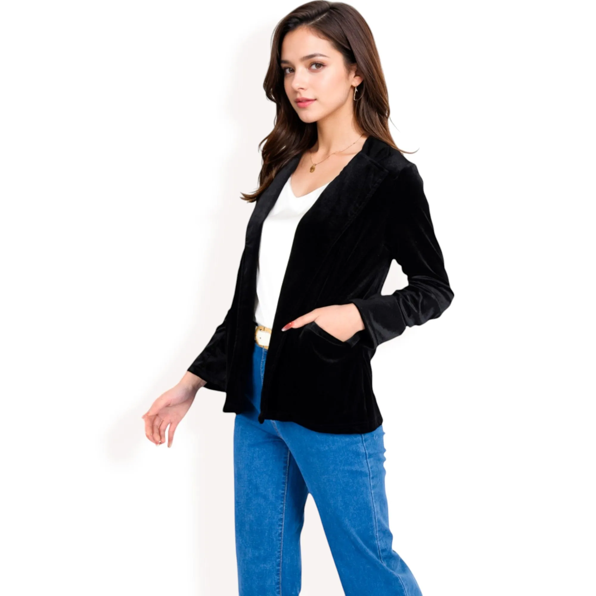 Anna-Kaci Women's Velvet Blazer With Notch Collar And Front Pockets