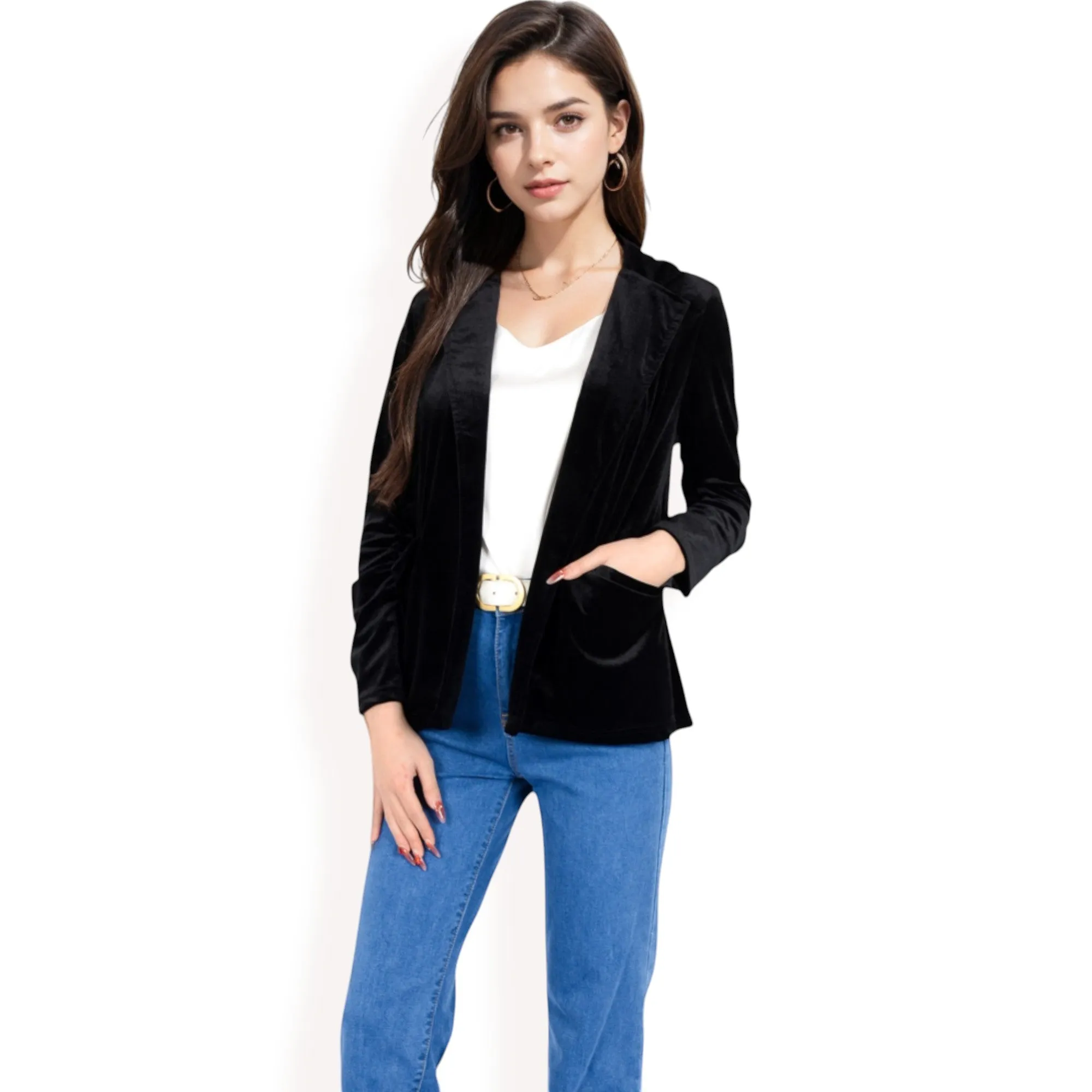 Anna-Kaci Women's Velvet Blazer With Notch Collar And Front Pockets