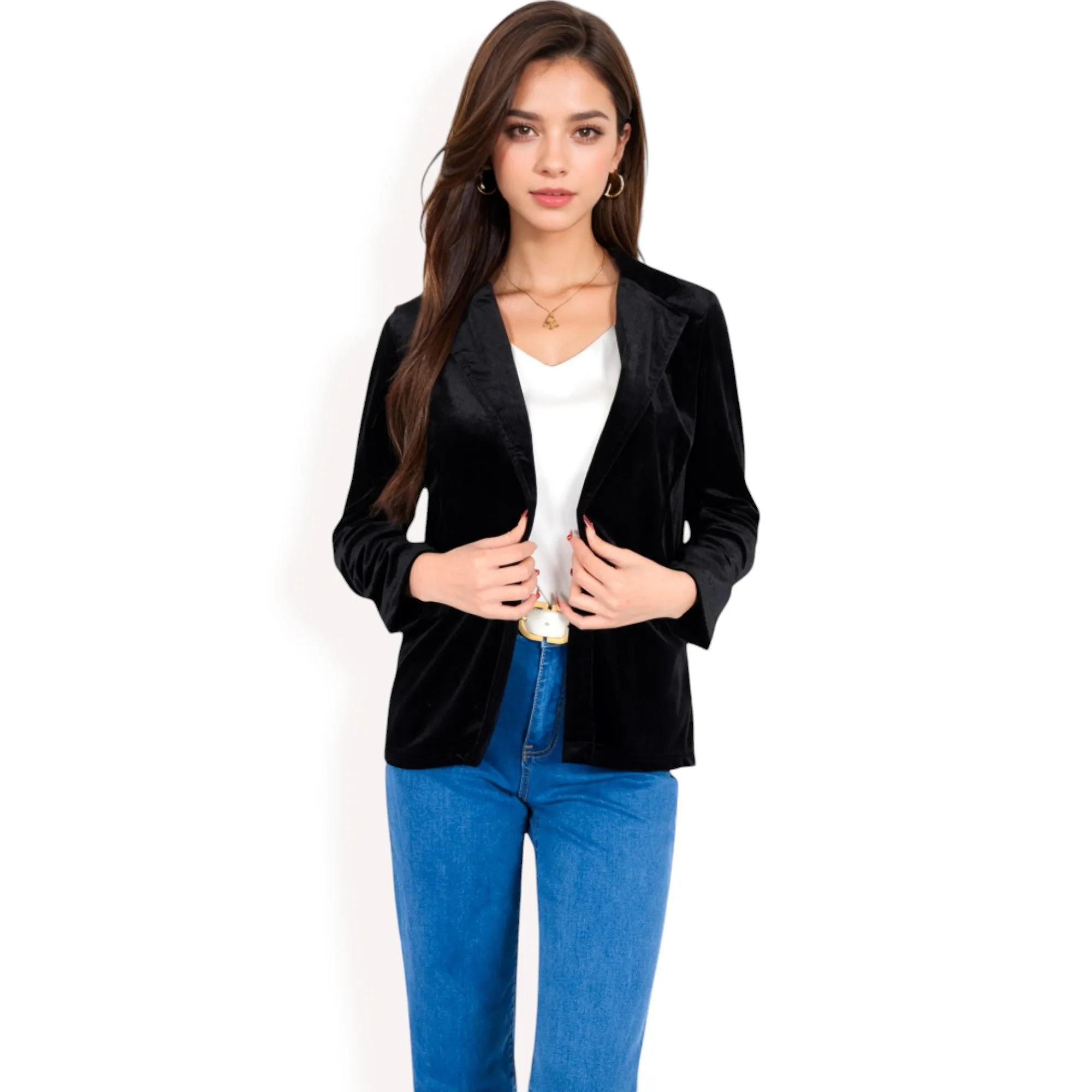 Anna-Kaci Women's Velvet Blazer With Notch Collar And Front Pockets