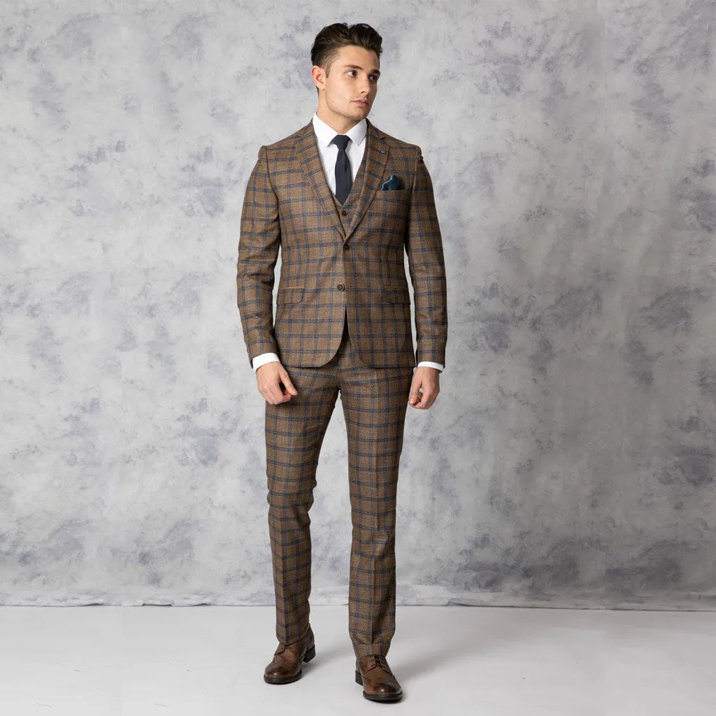 Arthur Slim Fit Brown and Blue Check Three Piece Suit