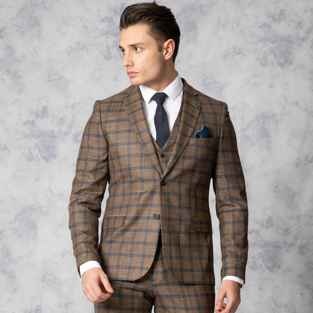 Arthur Slim Fit Brown and Blue Check Three Piece Suit