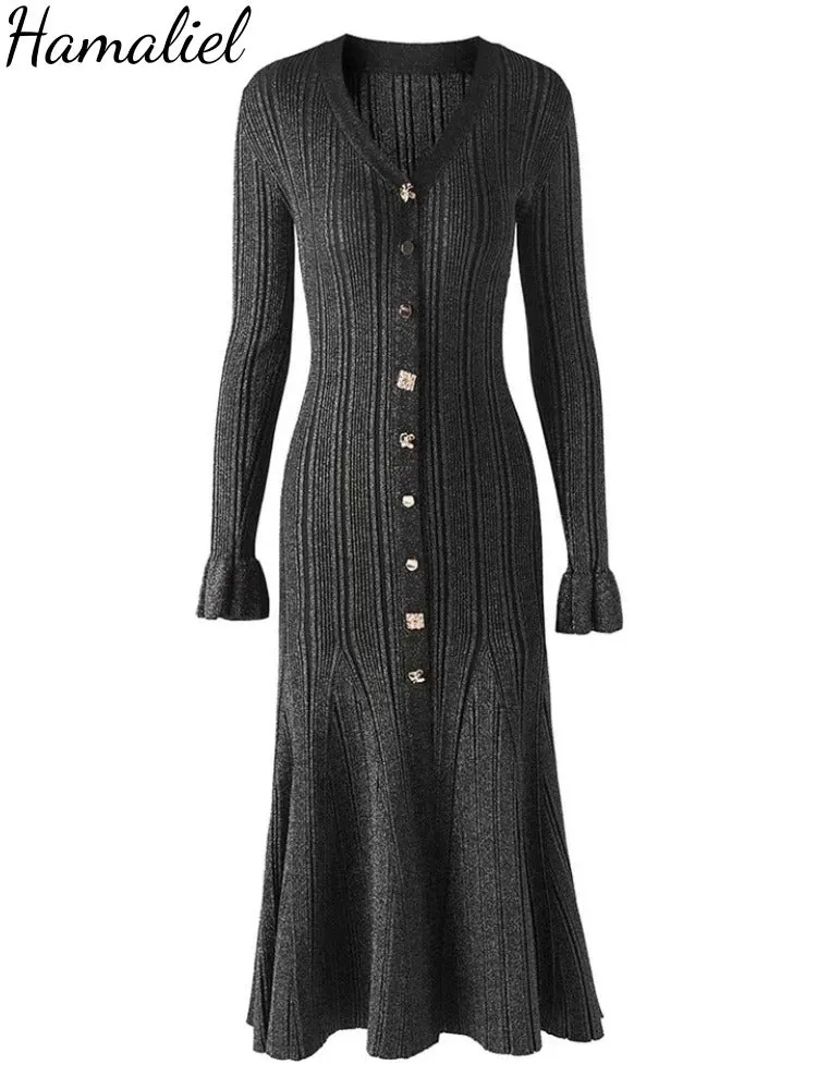 Autumn Winter Shine Knitted Dresses Women Chic V Neck Single Breasted Flared Sleeve Ruffles Hem Thicken Sweater Robes Vestidos