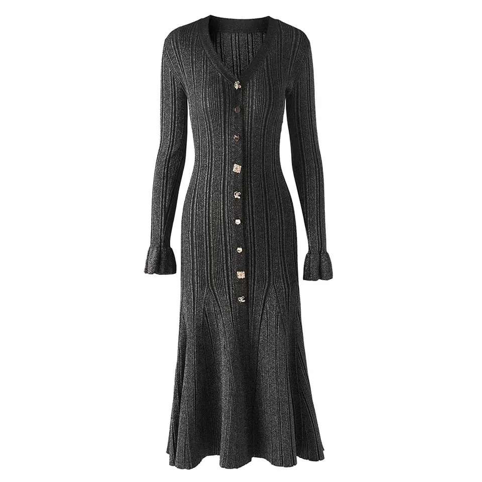 Autumn Winter Shine Knitted Dresses Women Chic V Neck Single Breasted Flared Sleeve Ruffles Hem Thicken Sweater Robes Vestidos