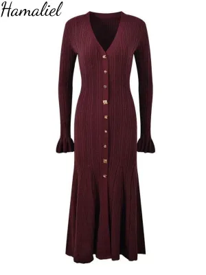 Autumn Winter Shine Knitted Dresses Women Chic V Neck Single Breasted Flared Sleeve Ruffles Hem Thicken Sweater Robes Vestidos