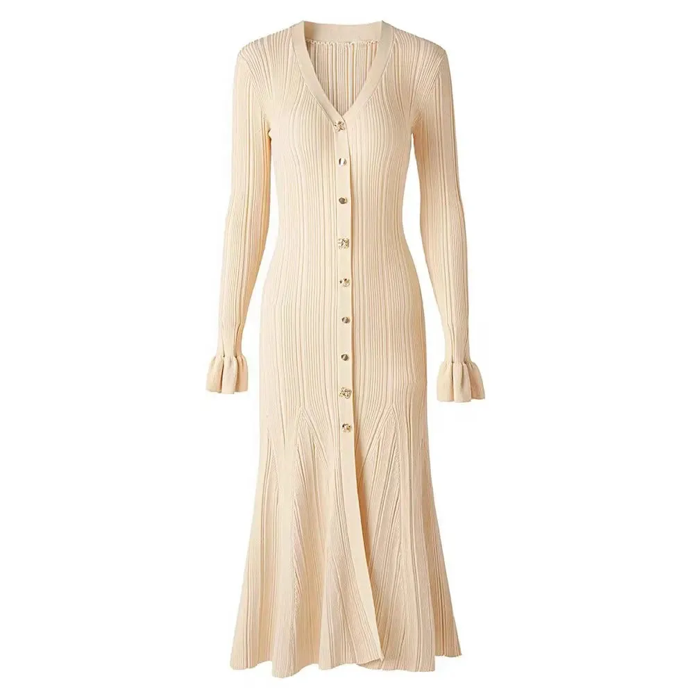 Autumn Winter Shine Knitted Dresses Women Chic V Neck Single Breasted Flared Sleeve Ruffles Hem Thicken Sweater Robes Vestidos