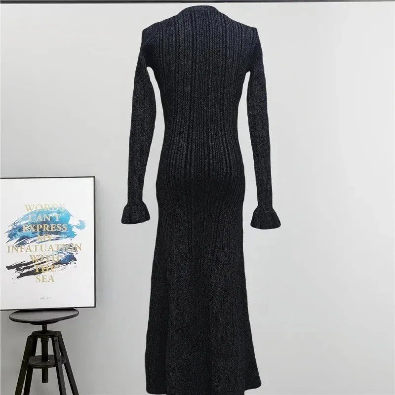 Autumn Winter Shine Knitted Dresses Women Chic V Neck Single Breasted Flared Sleeve Ruffles Hem Thicken Sweater Robes Vestidos