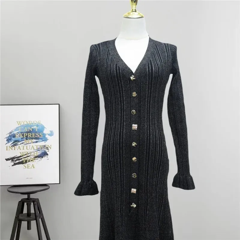 Autumn Winter Shine Knitted Dresses Women Chic V Neck Single Breasted Flared Sleeve Ruffles Hem Thicken Sweater Robes Vestidos