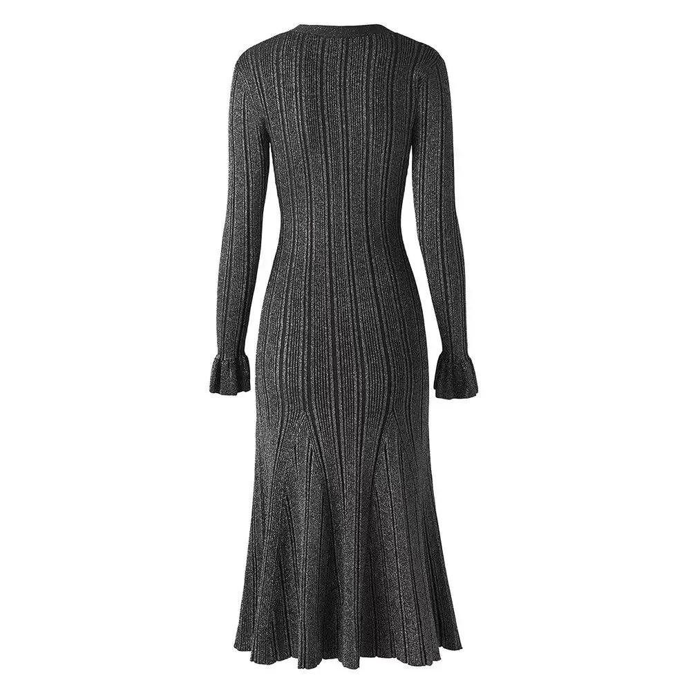 Autumn Winter Shine Knitted Dresses Women Chic V Neck Single Breasted Flared Sleeve Ruffles Hem Thicken Sweater Robes Vestidos