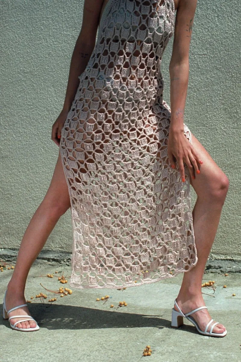 BEIGE KNITTED FISHNET MAXI DRESS