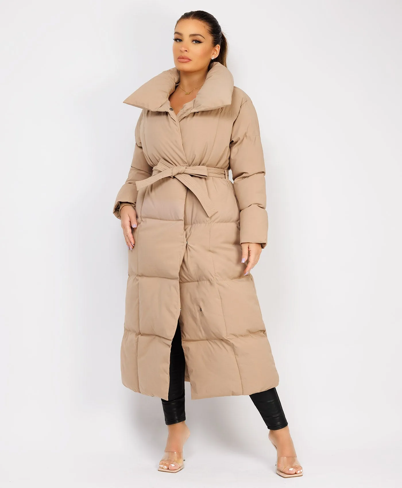 Beige Longline Padded Puffer Tied Waist Duvet Coat