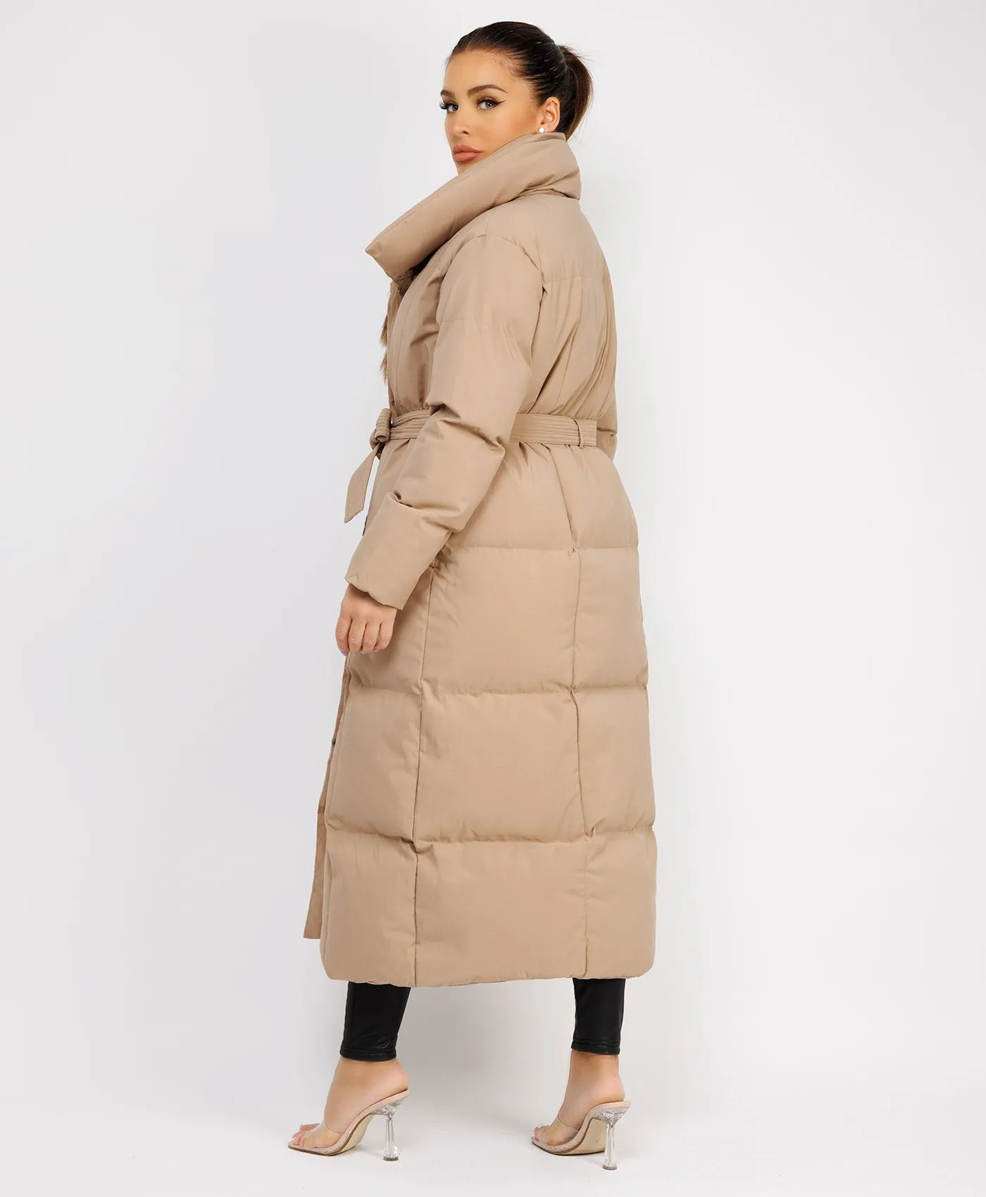 Beige Longline Padded Puffer Tied Waist Duvet Coat