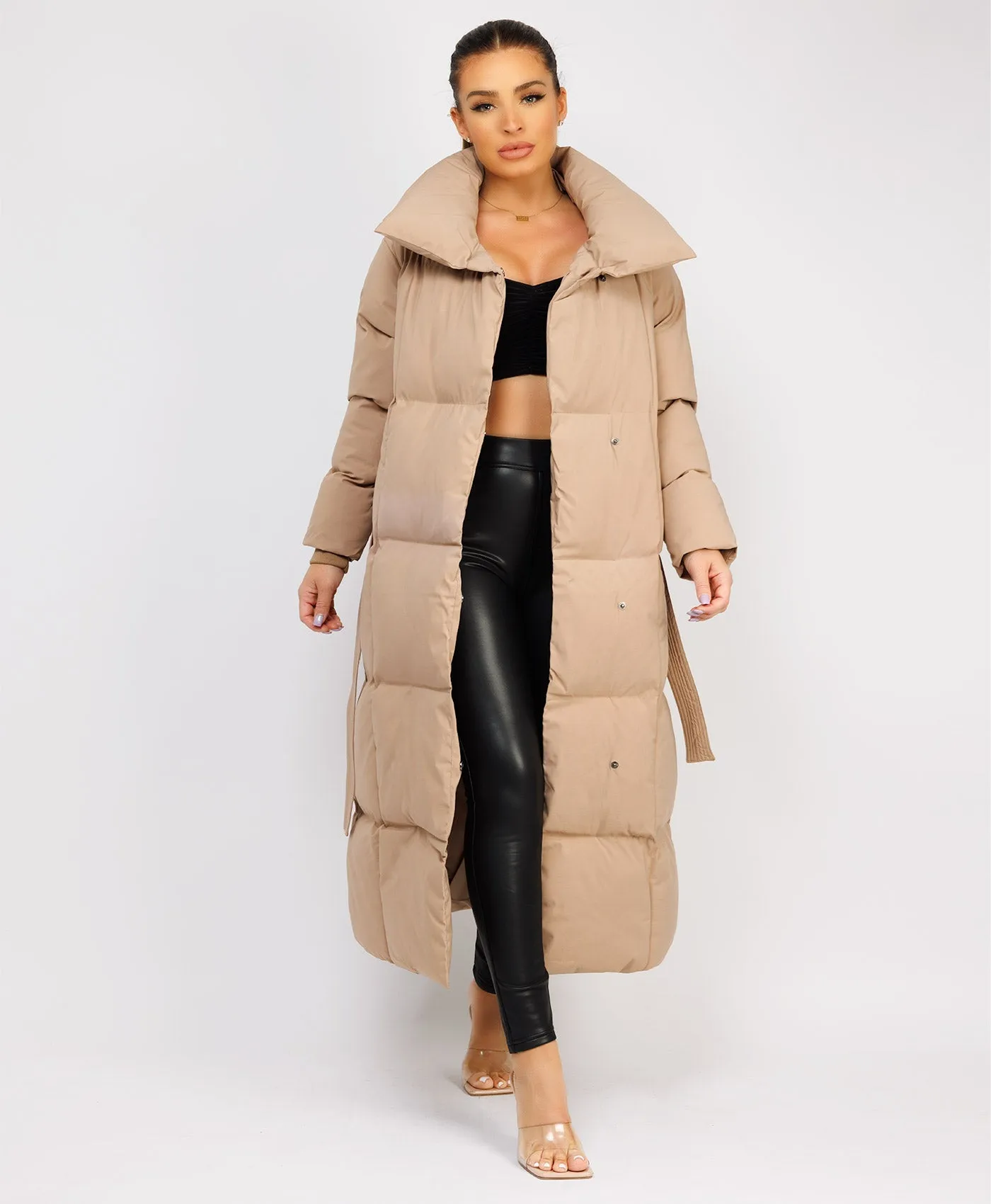 Beige Longline Padded Puffer Tied Waist Duvet Coat