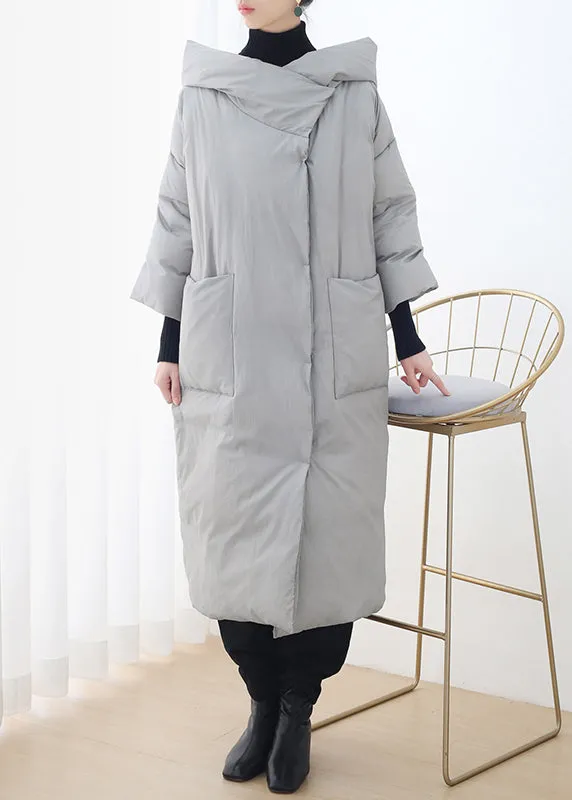 Bohemian Grey Button Pockets Hooded Down Coat Long Sleeve