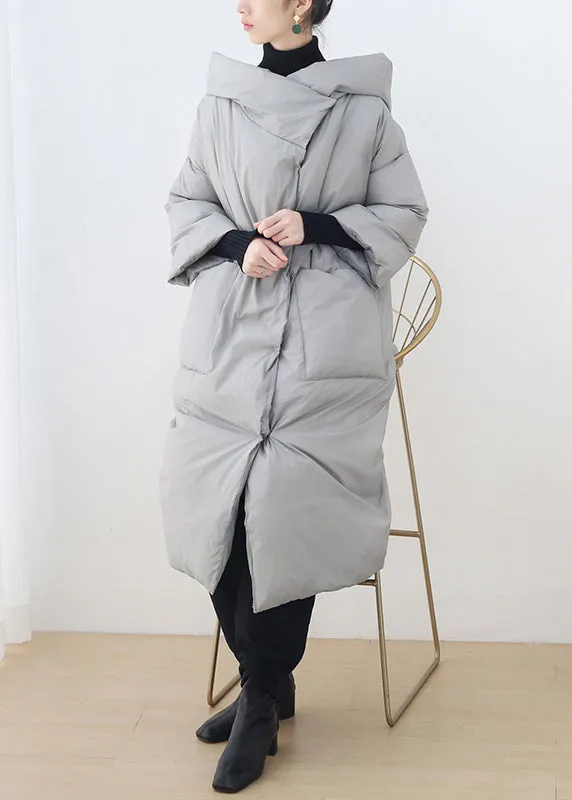 Bohemian Grey Button Pockets Hooded Down Coat Long Sleeve