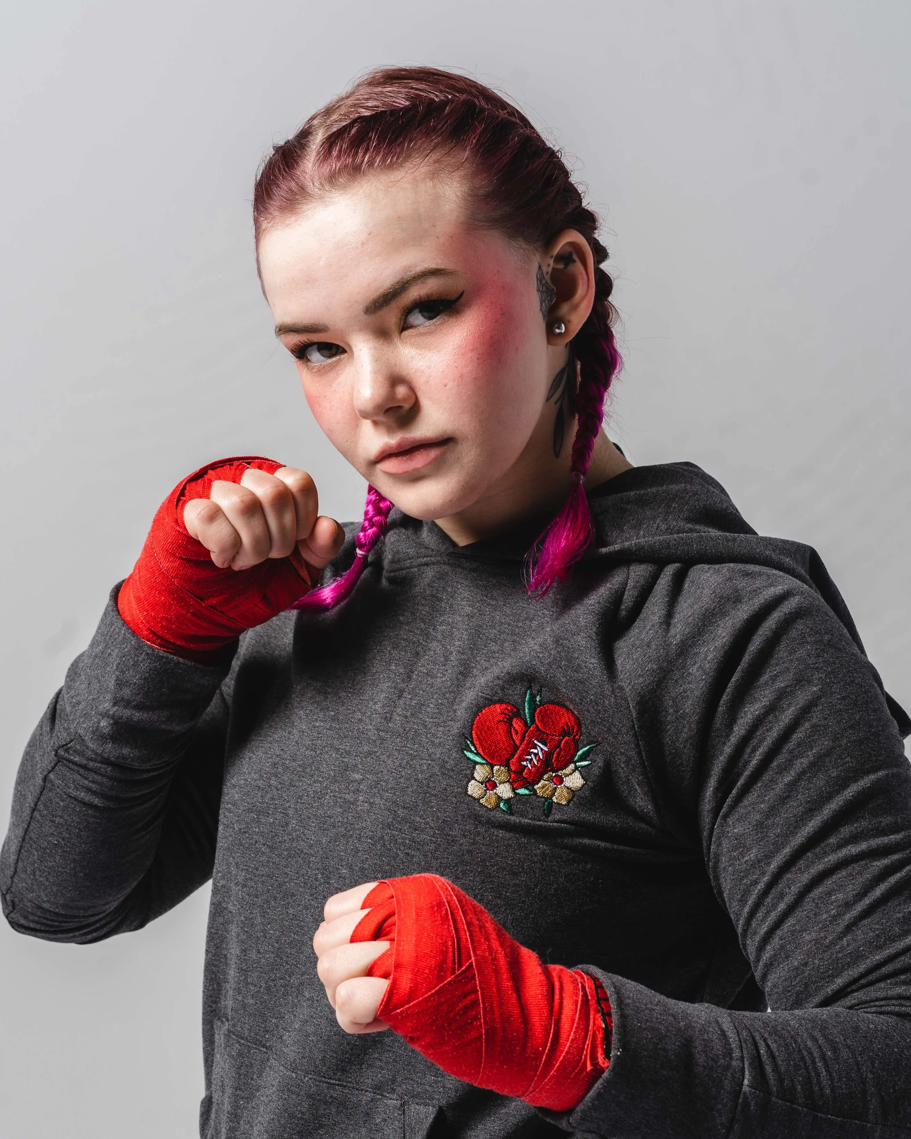 'BOXING GLOVES' EMBROIDERED HOODIE - GREY