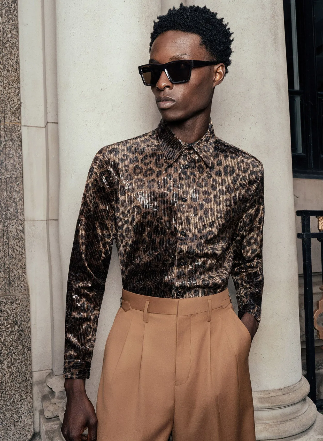 Brown Leopard Print Sequin Embellished Shirt