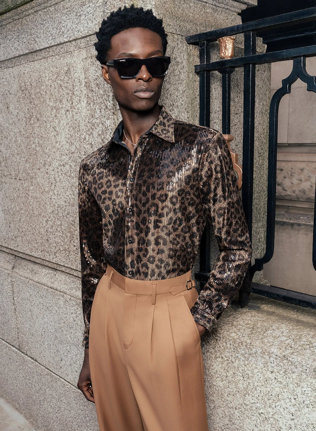 Brown Leopard Print Sequin Embellished Shirt