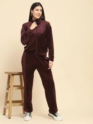 Burgundy Velvet Solid Relaxed Fit Night Suit Set For Winter