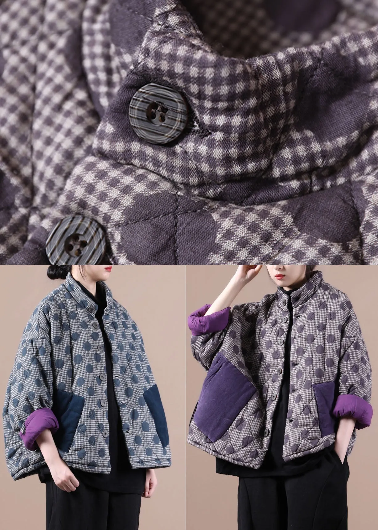 Chic Blue Pockets Patchwork Dot Winter Cotton Coat