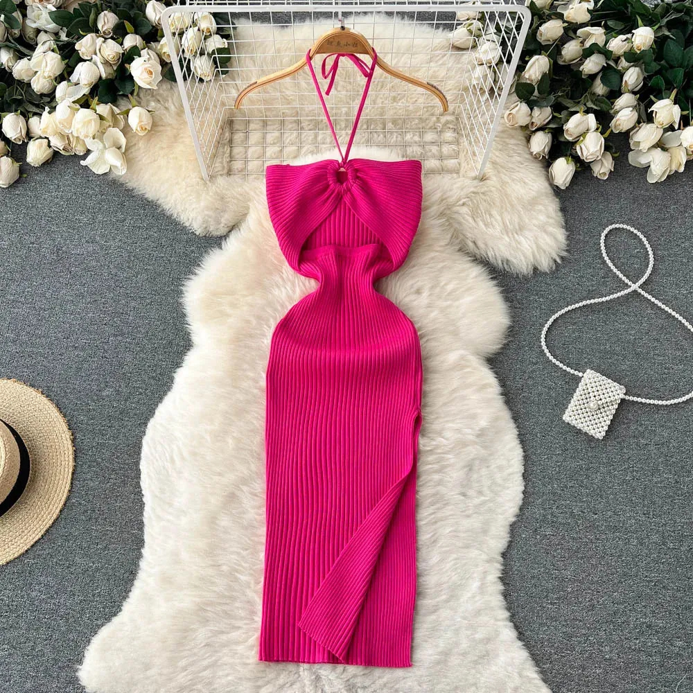 Chic Fashion Sexy Package Hips Split Knitted Summer Dress