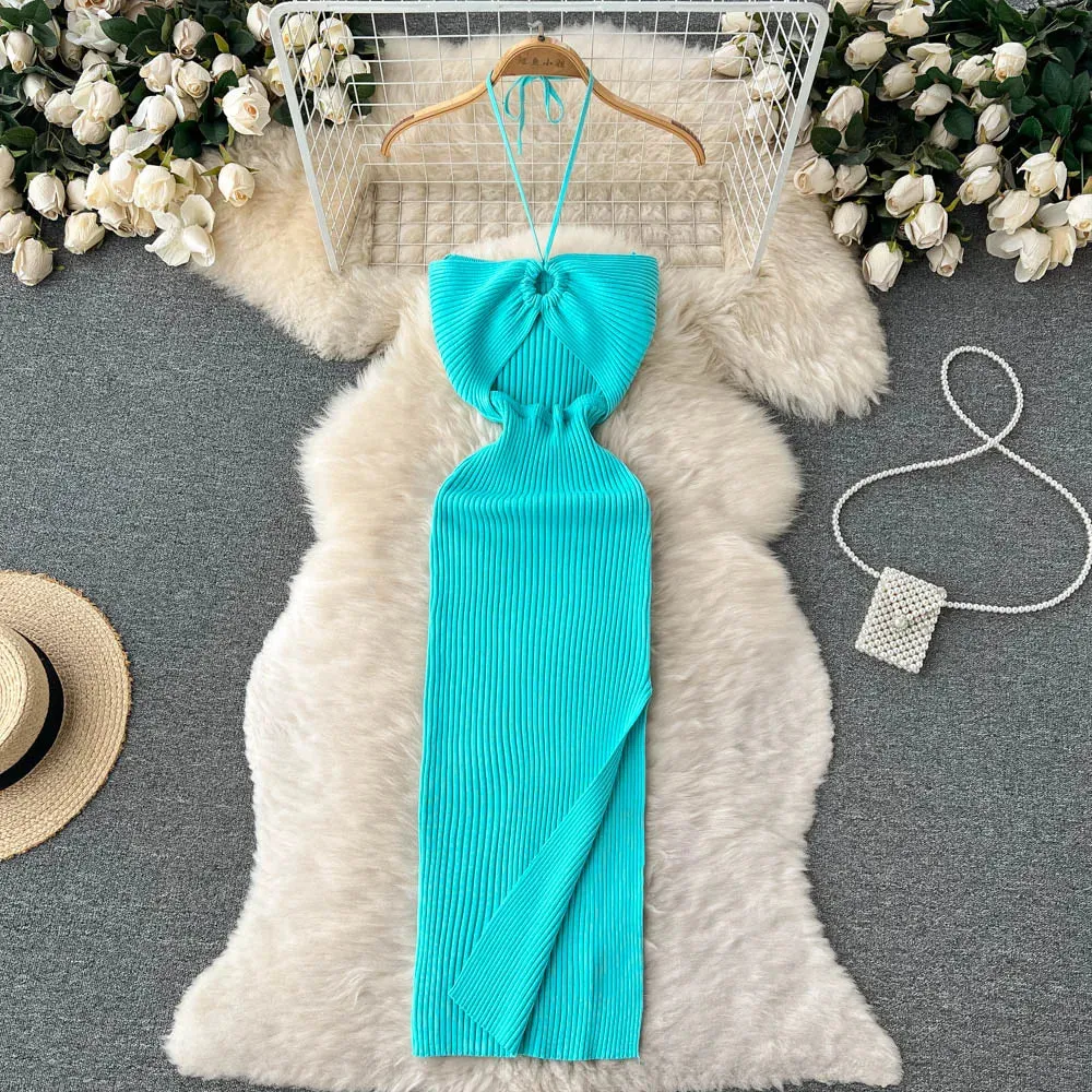 Chic Fashion Sexy Package Hips Split Knitted Summer Dress