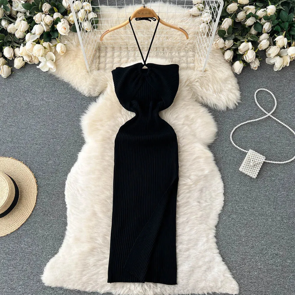 Chic Fashion Sexy Package Hips Split Knitted Summer Dress