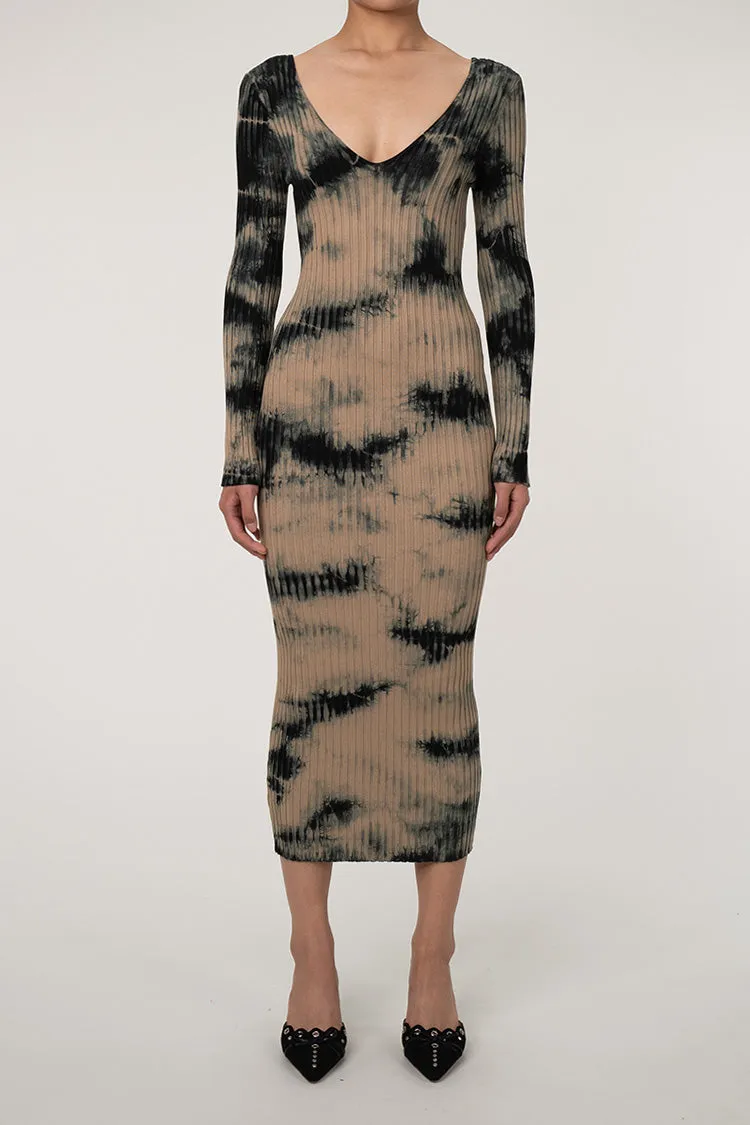 Contrast Tie Dye V Neck Long Sleeve Bodycon Ribbed Knit Sweater Midi Dress