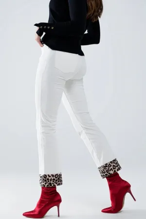 Cream Corduroy Flare Pants with Leopard Print At the Bottom