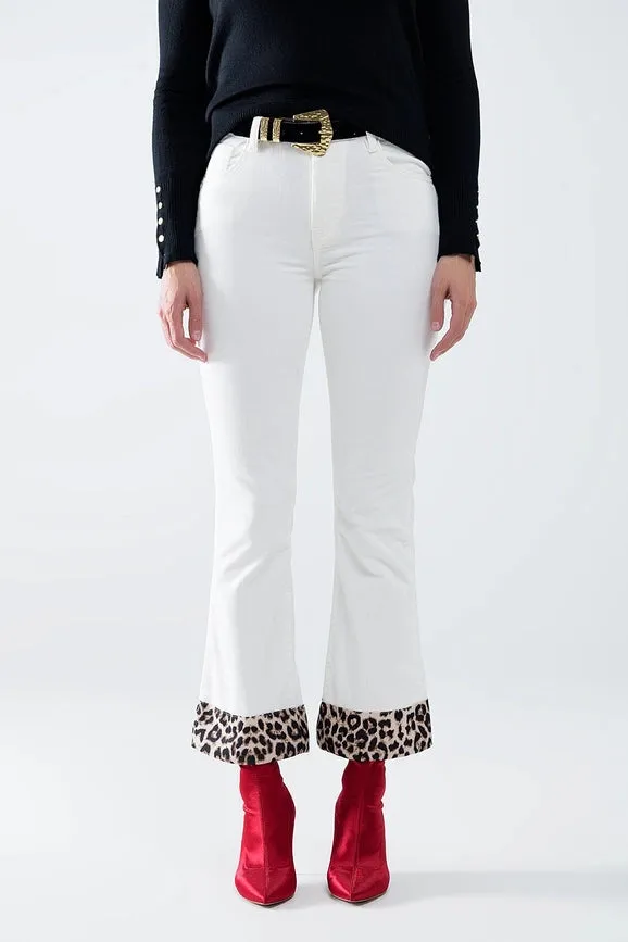 Cream Corduroy Flare Pants with Leopard Print At the Bottom