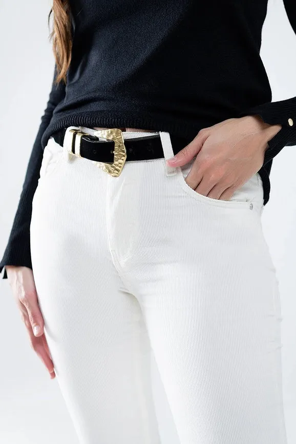 Cream Corduroy Flare Pants with Leopard Print At the Bottom