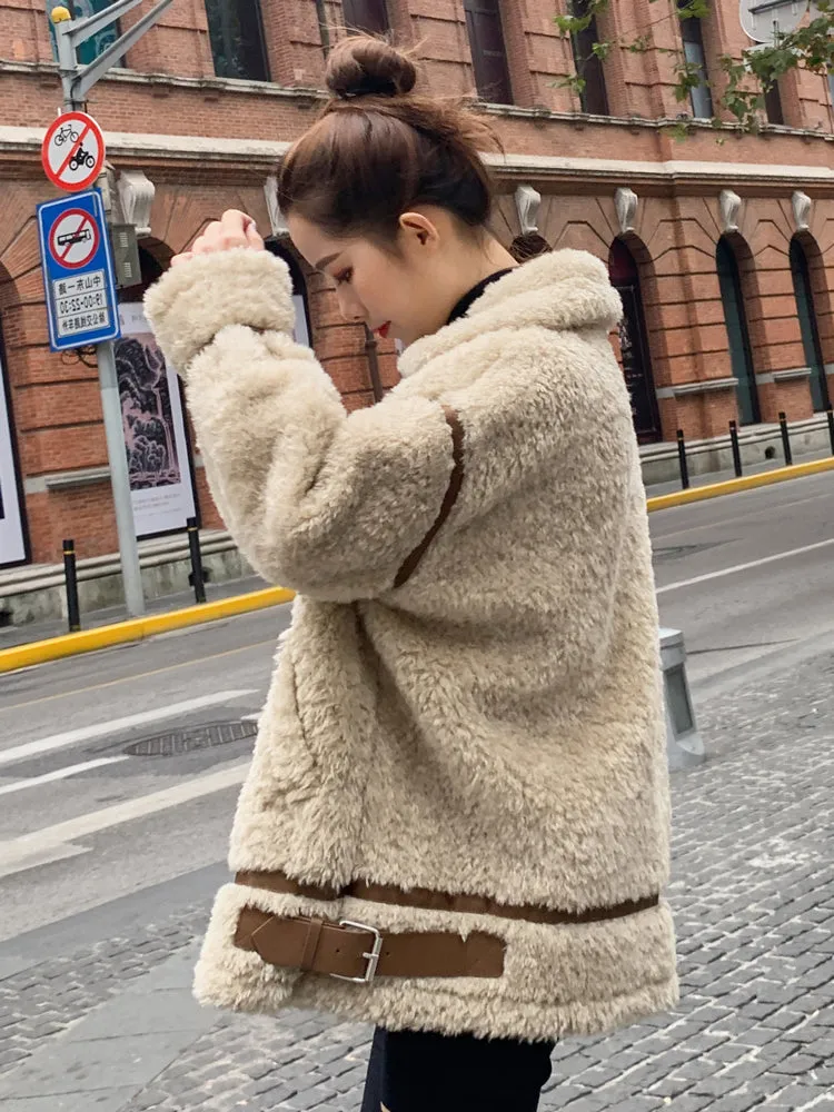 Faux lamb fur coat female autumn and winter motorcycle Hip Jackets