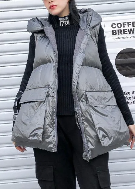 Fine silver gray winter outwear plus size clothing snow sleeveless hooded pockets winter outwear