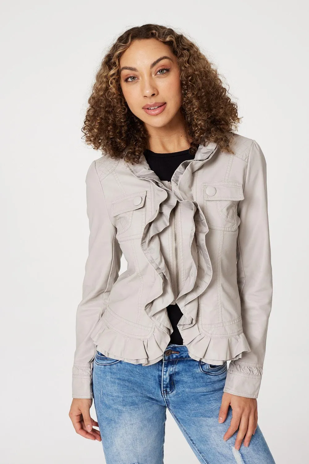 Frilled Front Faux Leather Jacket