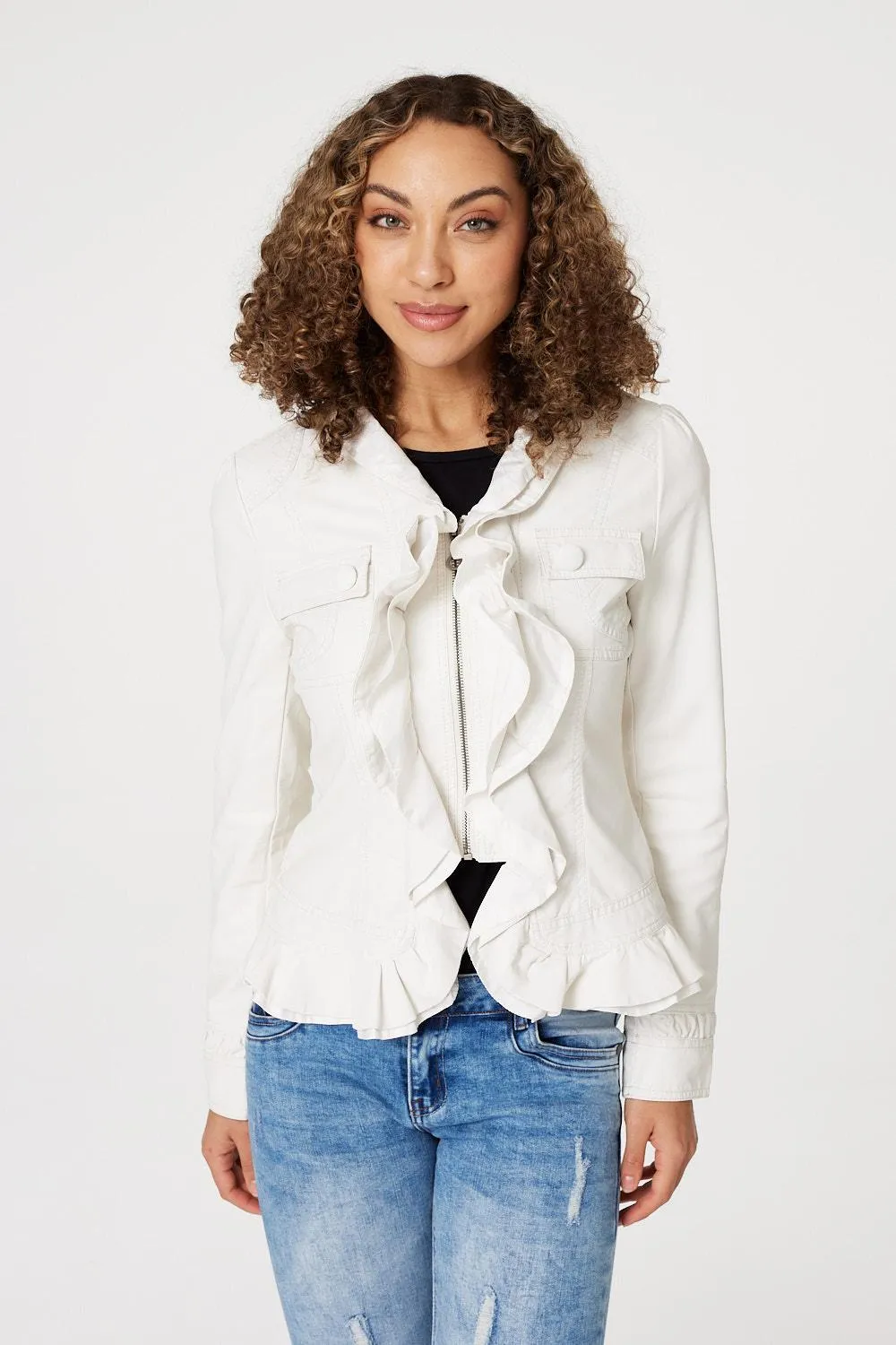 Frilled Front Faux Leather Jacket