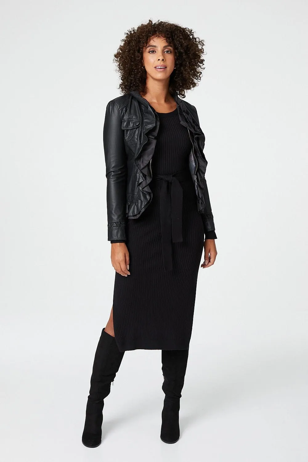 Frilled Front Faux Leather Jacket