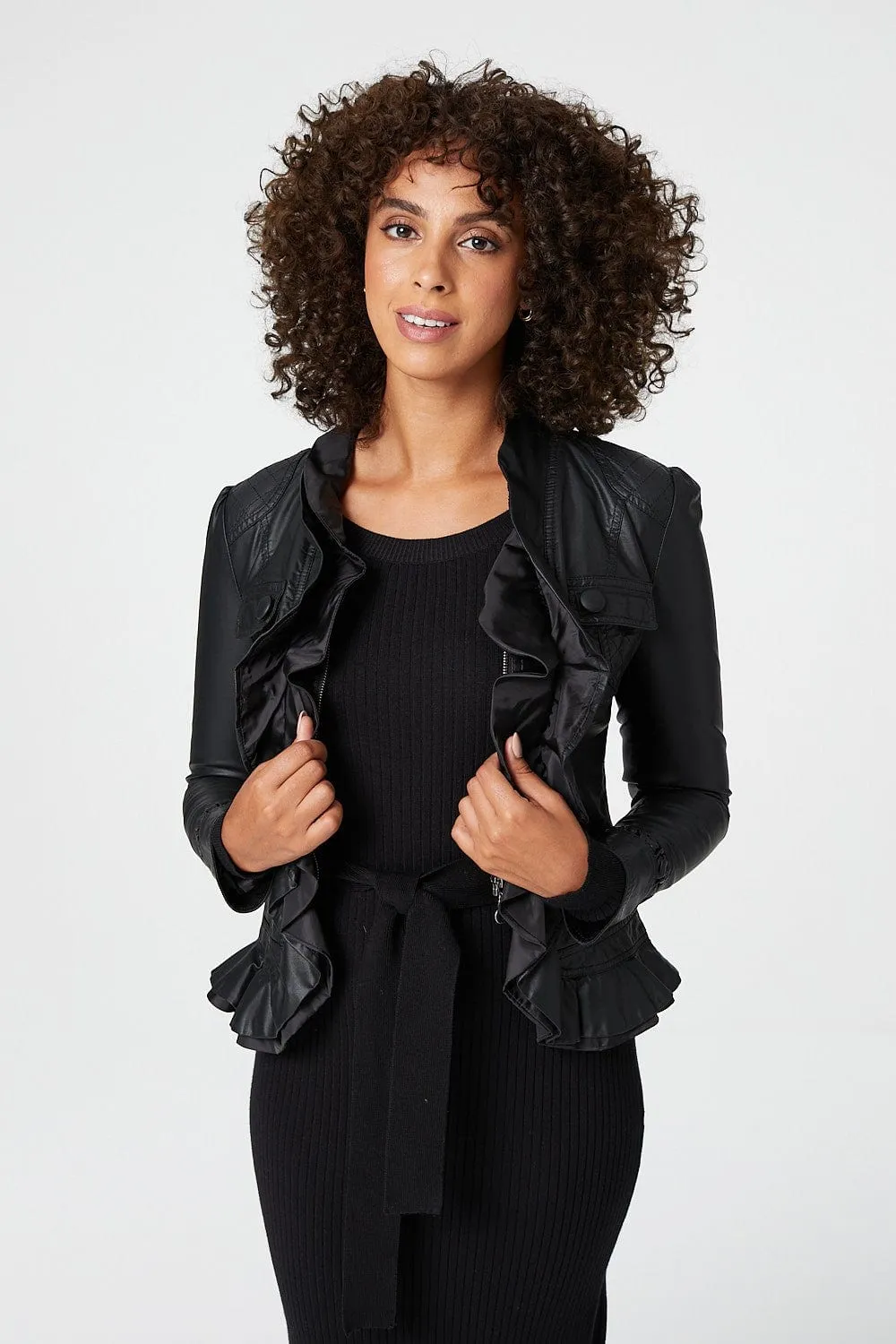 Frilled Front Faux Leather Jacket