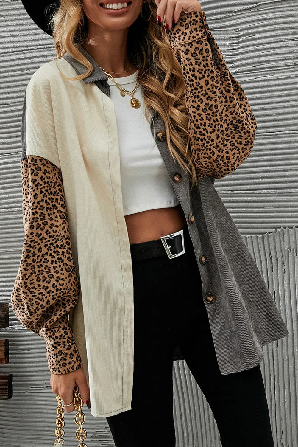 Gray Color Block Leopard Patched Corduroy Shacket