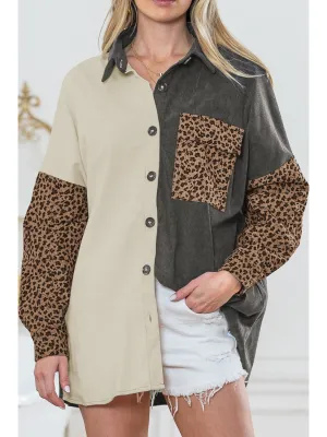 Gray Color Block Leopard Patchwork Casual Corduroy Shacket