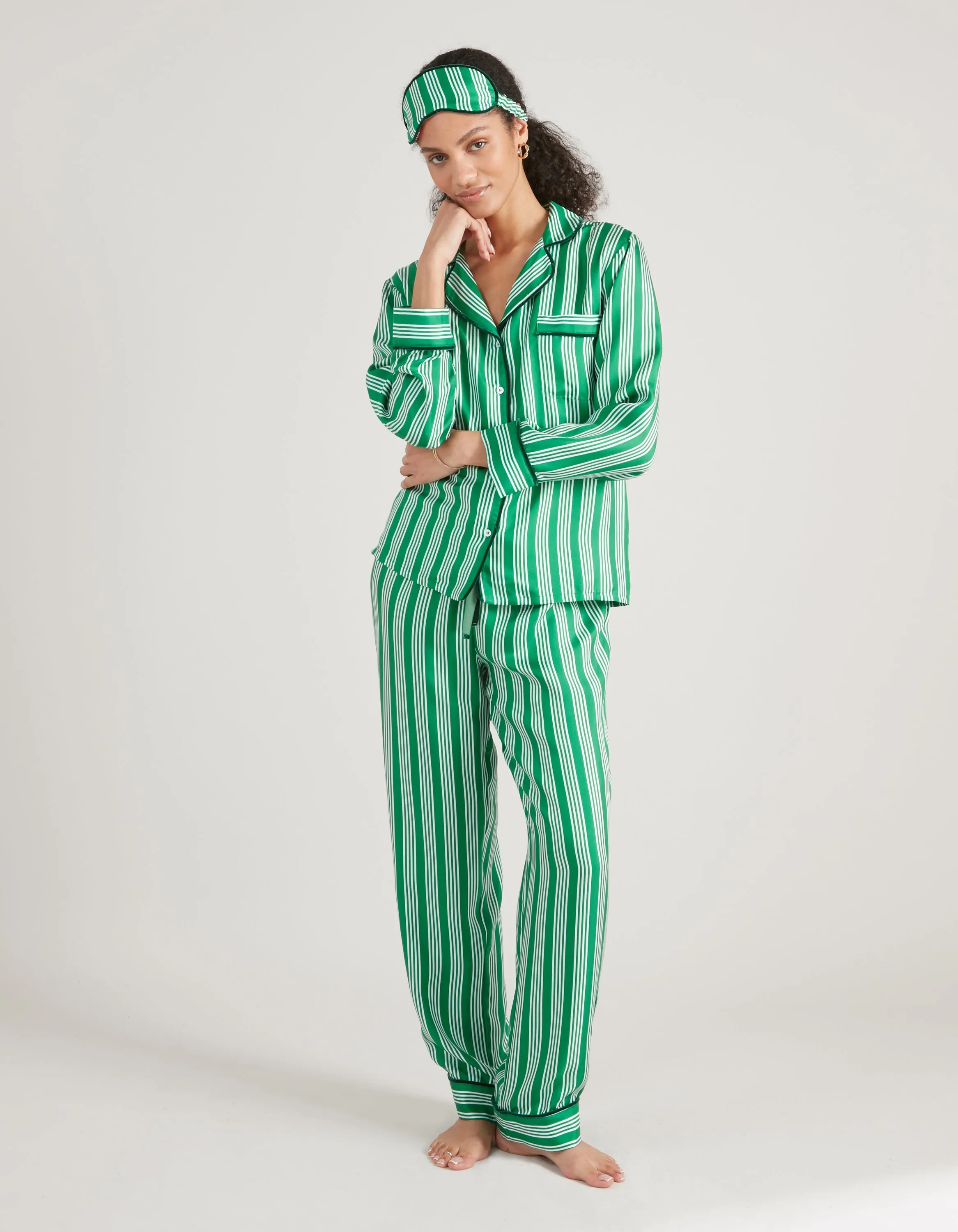 Green Stripe Print Silk Long Pyjama Set