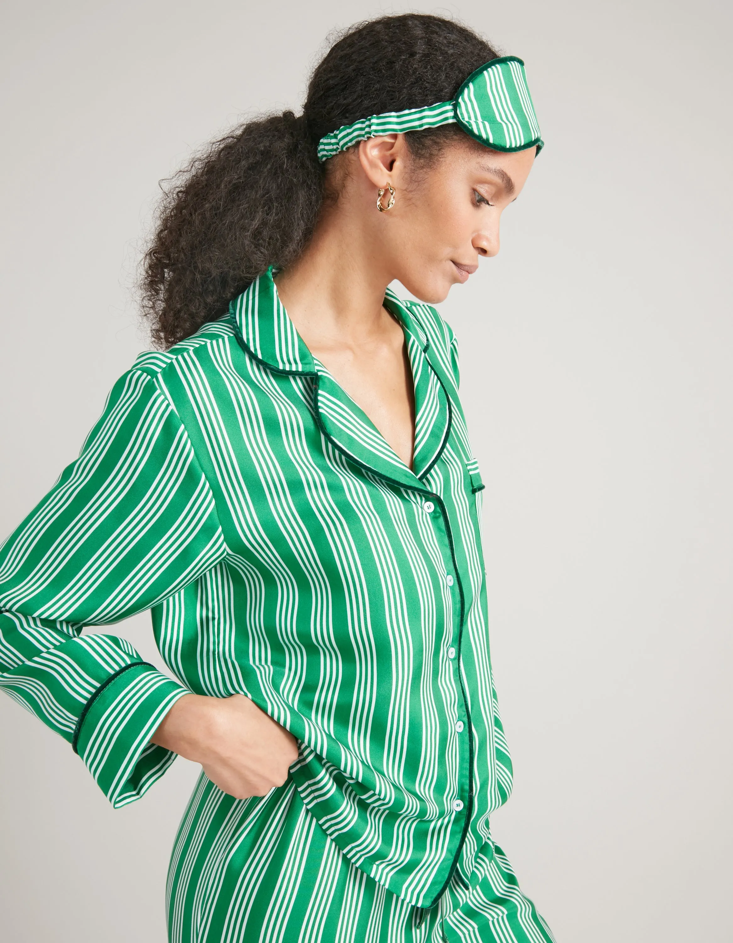 Green Stripe Print Silk Long Pyjama Set