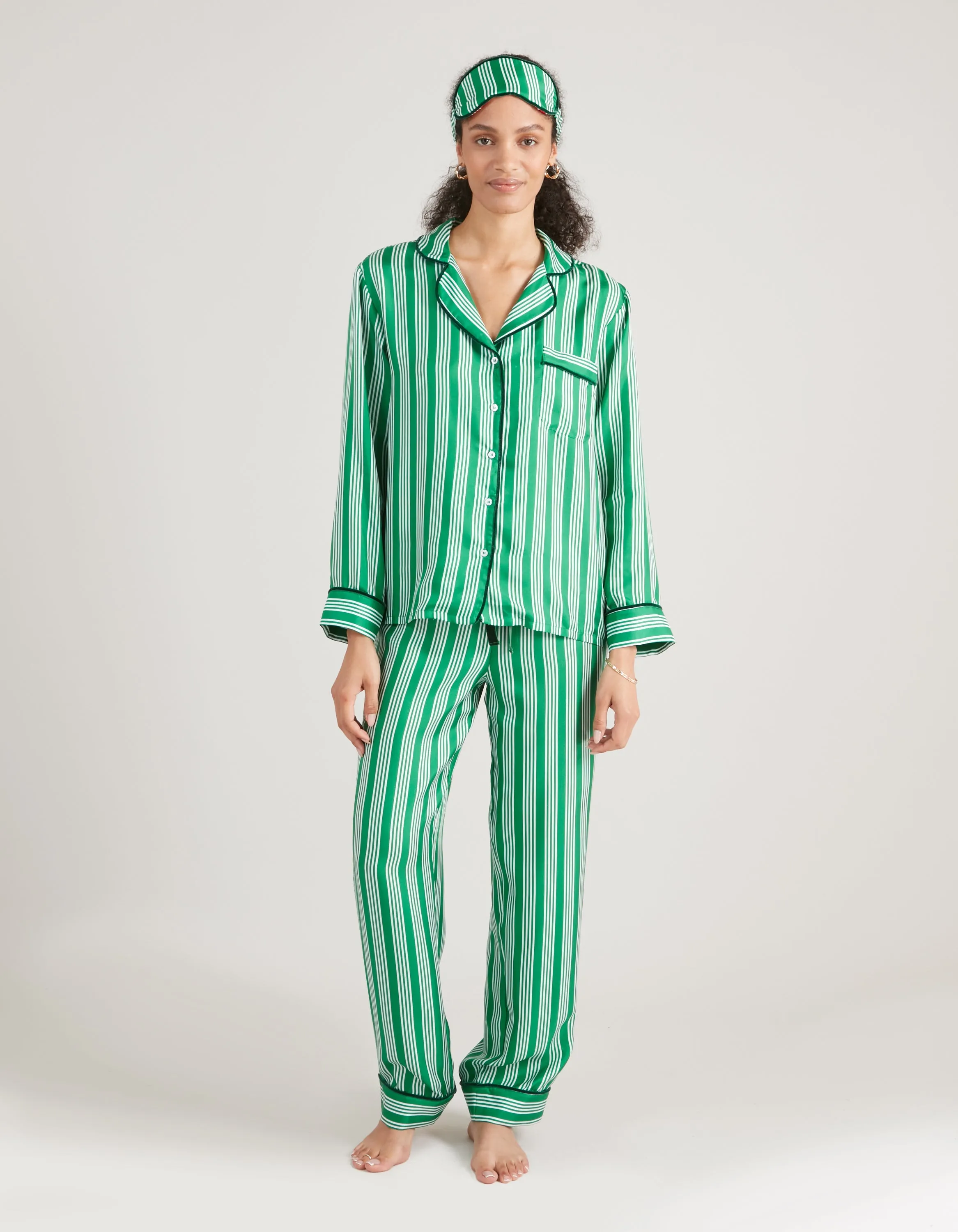 Green Stripe Print Silk Long Pyjama Set