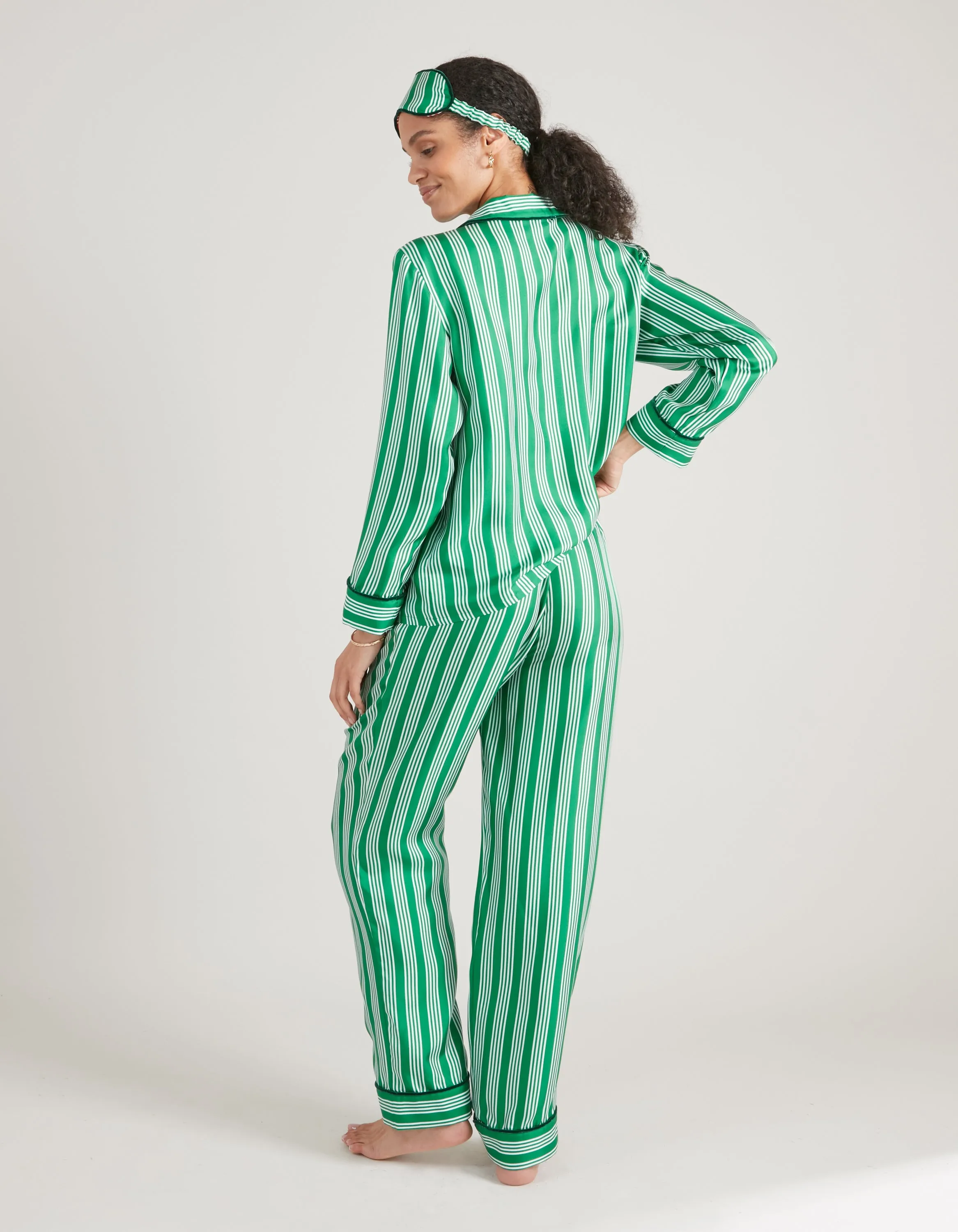 Green Stripe Print Silk Long Pyjama Set