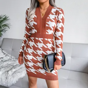 Houndstooth Fashion Knitted Dress Lady Wholesale