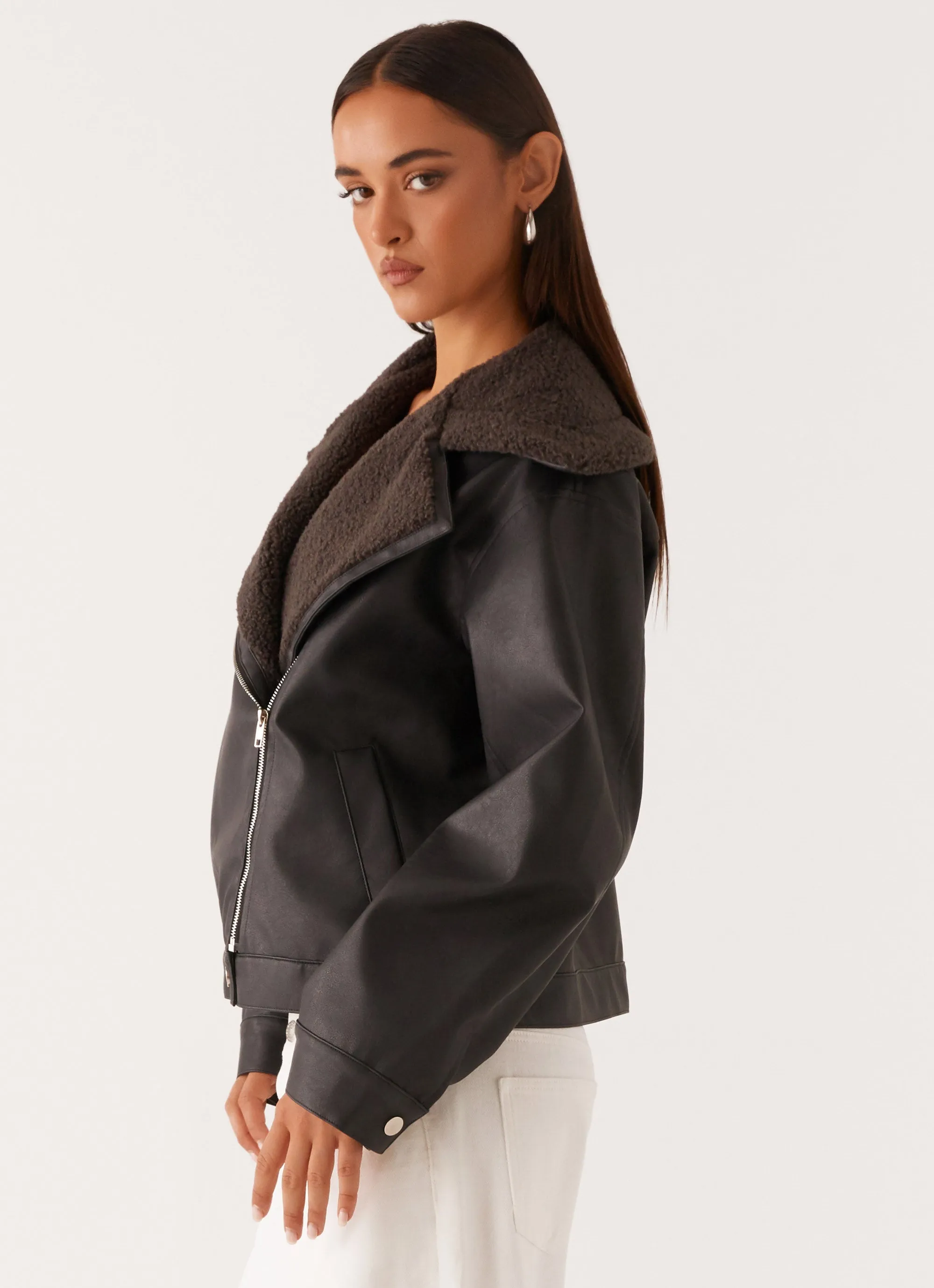 Inka PU Leather Shearling Jacket - Charcoal