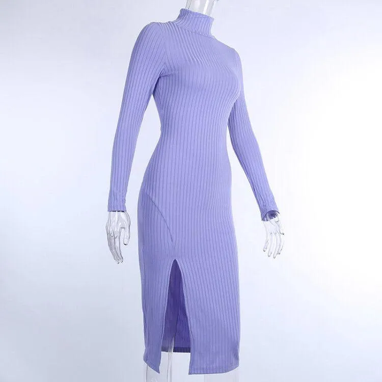 JuliaFashion - 2024Ribbed Knitted Turtleneck Long Sleeve Dress