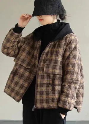 Khaki Plaid Fine Cotton Filled Puffers Jackets Zip Up Winter