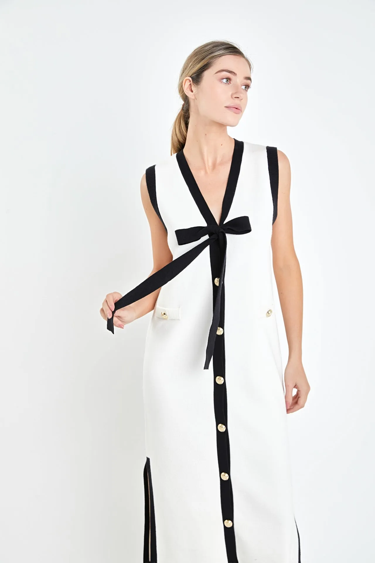 Knit Midi Dress With Ribbon Tie