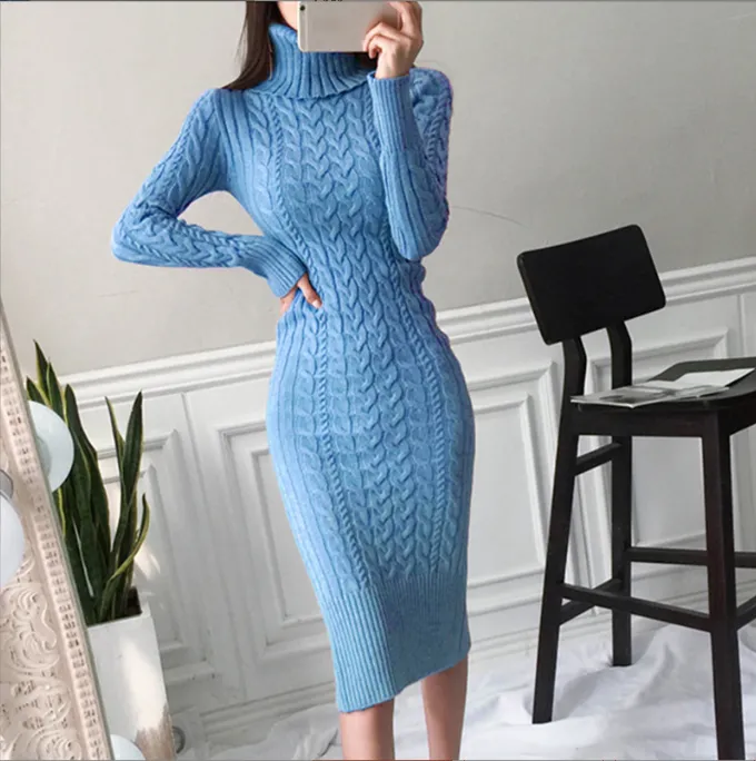 Luexco High Neck Knitted Dress Long Sleeve