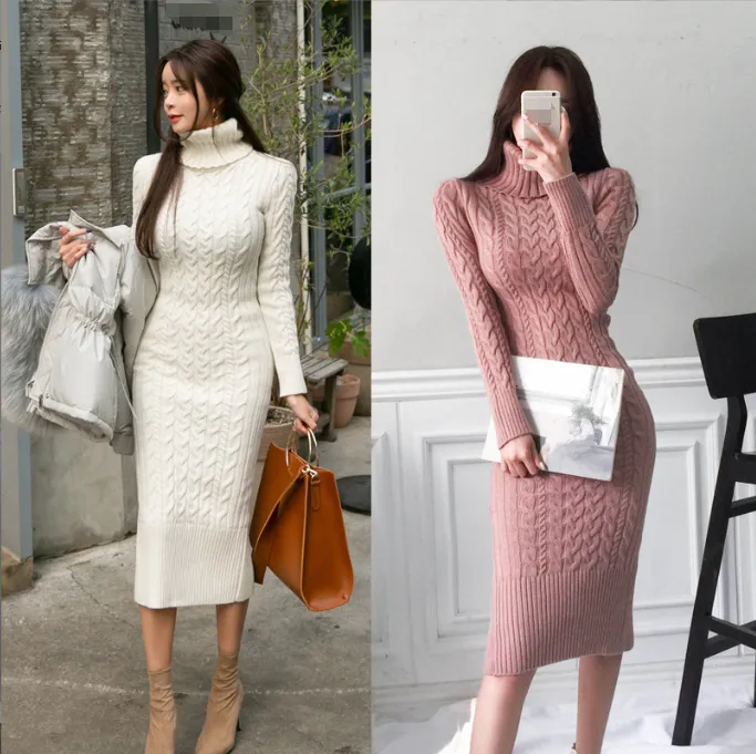 Luexco High Neck Knitted Dress Long Sleeve